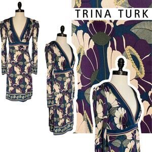 Trina Turk Silk Dress Plum Blue A-Line Fall Winter Party Career Travel Resort